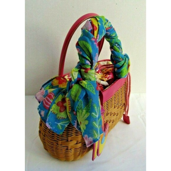 Bath and Body Works Straw Purse Vtg Whimsical Faux Leather Trim Draw Pink Floral - Picture 3 of 8